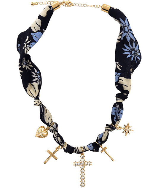 Cross w/ Multi Charm Scarf Necklace