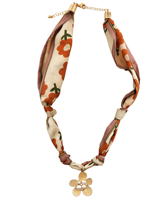 Metal Flower w/ Pearls Scarf Necklace