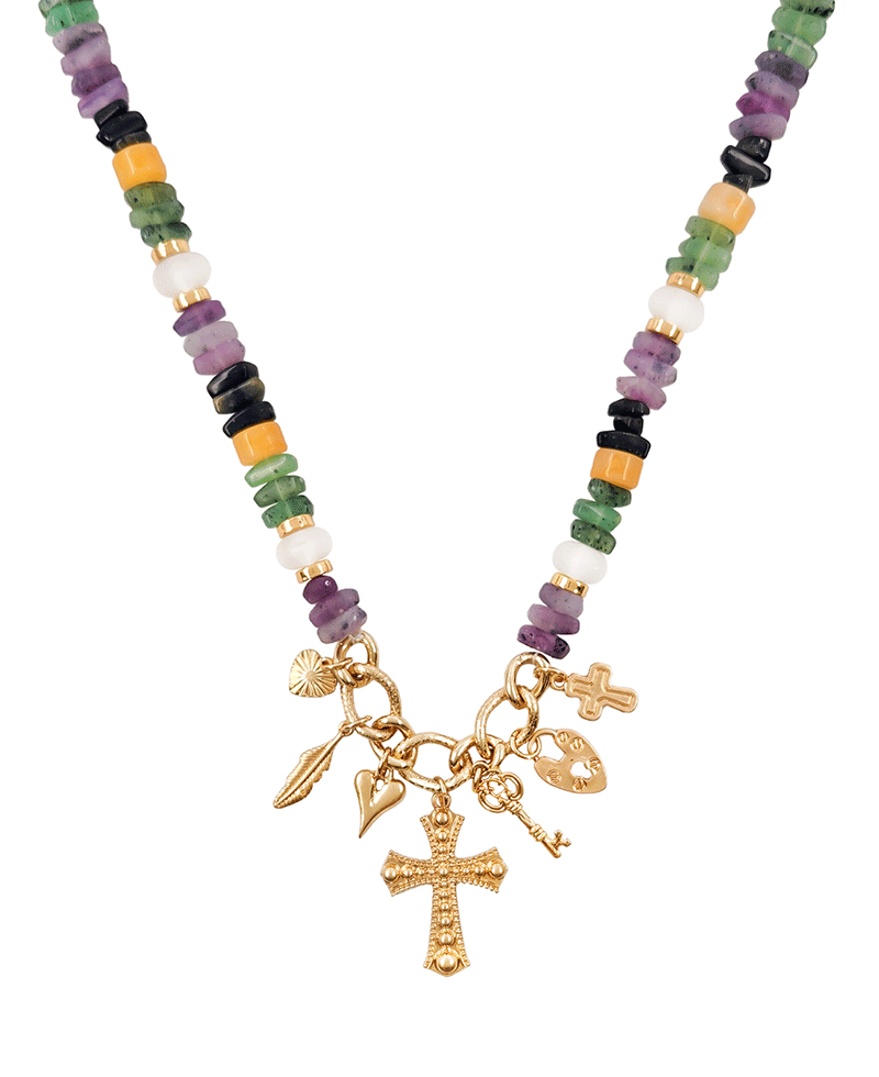 Cross w/ Multi Charm Bead Short Necklace