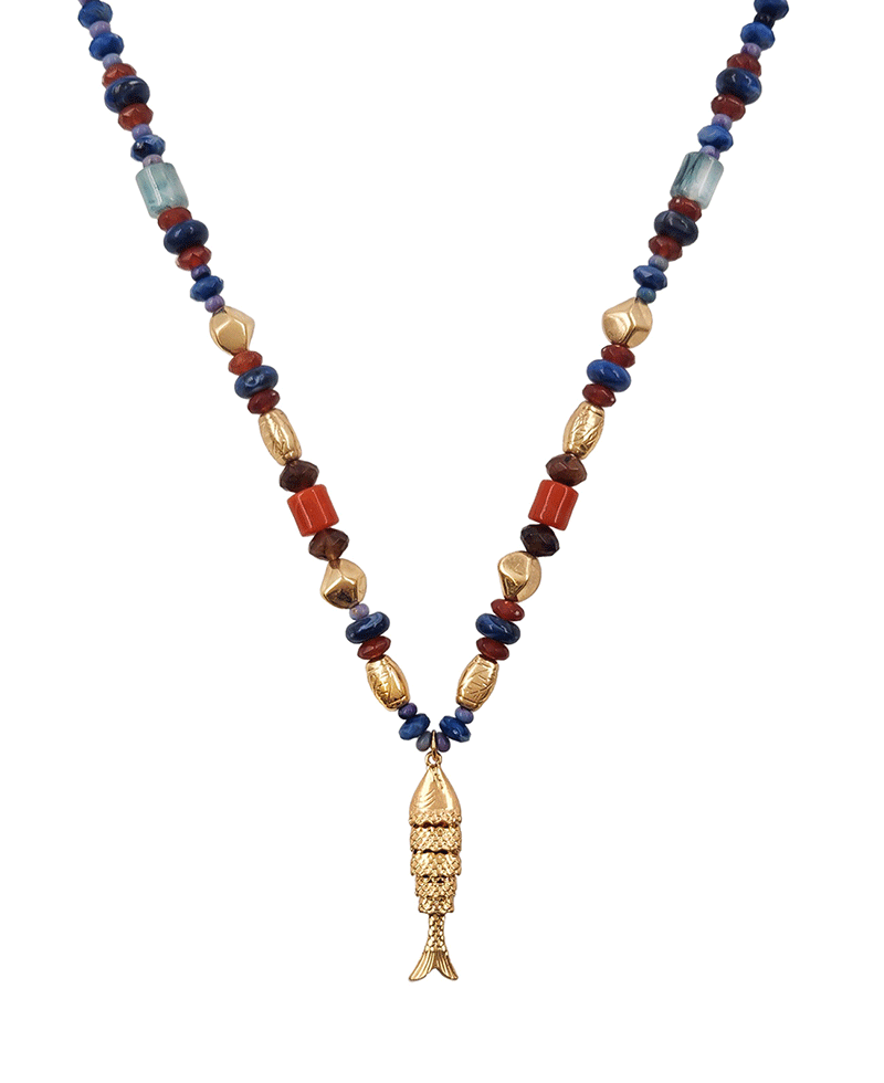 Fish Pendant Multi Bead Short Necklace