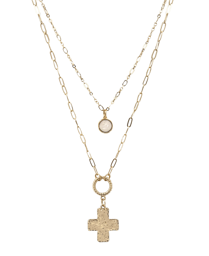 Two Layered Cross & Stone Short Necklace