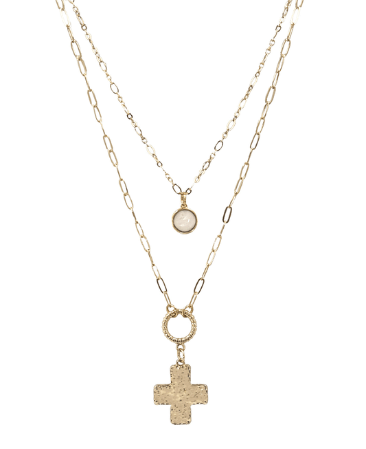 Two Layered Cross & Stone Short Necklace