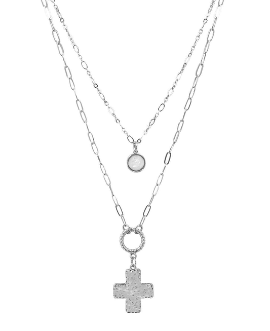 Layered Cross & Stone Paperclip Chain Short Necklace