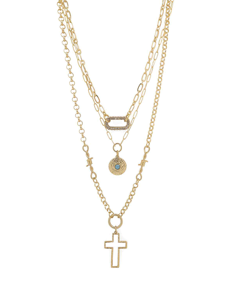 Cross & Charms Triple Layered Chain Necklace