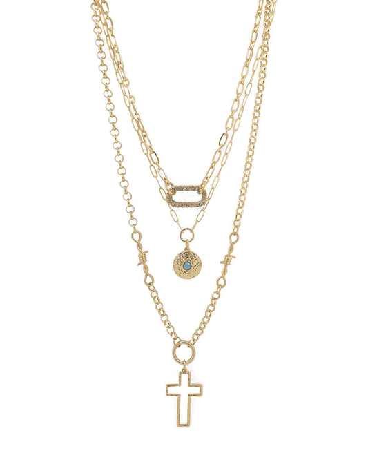 Cross & Charms Triple Layered Chain Necklace