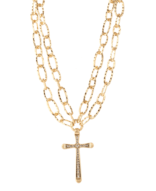 Pave Stone Cross Hammered Metal Link Chain Necklace - 18"